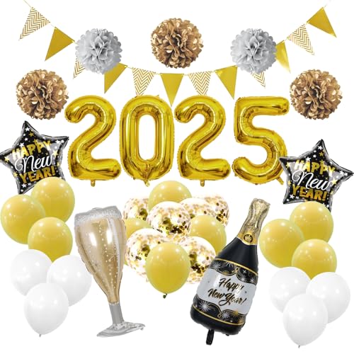 GGTTNRT Silvester Deko Set Silvester Deko 2025 Ballons Banner 2025 Silvester Party Dekorationen Luftballons Banner Photo Backgrounds Happy New Year (Schwarz Gold) von GGTTNRT