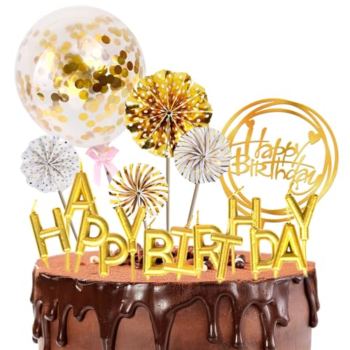 GGTTNRT Tortendeko Geburtstag Mit Happy Birthday Kerzen Tortendeko Konfetti-Ballon Papierfächer Cupcake Topper Gold Kuchendeko Geburtstag (Gold) von GGTTNRT