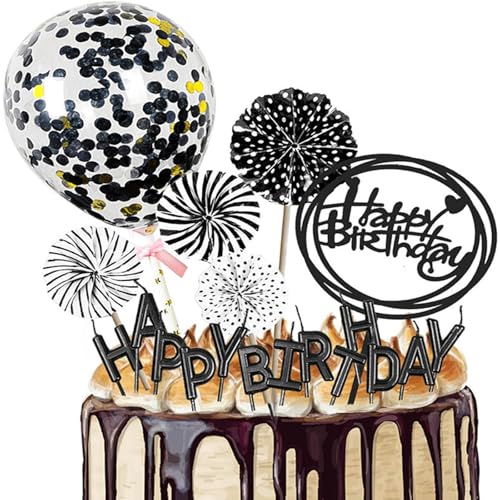 GGTTNRT Tortendeko Geburtstag Mit Happy Birthday Kerzen Tortendeko Konfetti-Ballon Papierfächer Cupcake Topper Schwarz Kuchendeko Geburtstag (Schwarz) von GGTTNRT