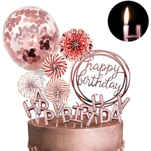 Tortendeko Geburtstag Mit Happy Birthday Kerzen Tortendeko Konfetti-Ballon Papierfächer Cake Topper Rose Gold Kuchendeko Geburtstag (Rosé gold) von GGTTNRT