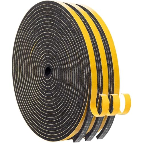 GGUFAY Schaumstoff Klebeband Selbstklebend 12 mm(B) x 10 mm(D) Türdichtungen Selbstklebend für Anti-Kollision Schwarz (3 Rollen je 2m lang) von GGUFAY