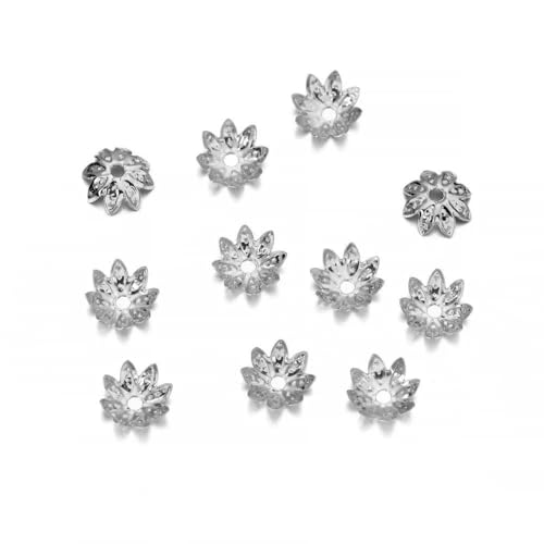 200 Stück/Lot 8 Stück 10 mm Lotusblüte Metall lose Abstandshalter Perlenkappen Kegelende Perlen Kappe filigran für DIY Schmuckfindung, Rhodium 10 mm von GGYBJ