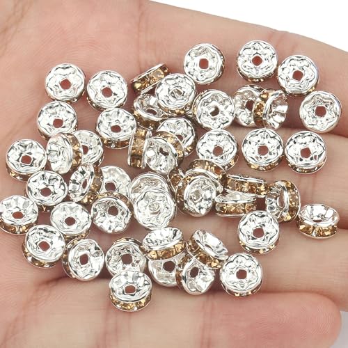 50 Stück Strass-Abstandshalterperlen, mehrfarbige Kristall-Metall-Abstandshalter, Rondellperlen zur Schmuckherstellung, DIY-Armbänder, Zubehör-Silber-Champagner-4,0 mm, 50 Stück von GGYBJ