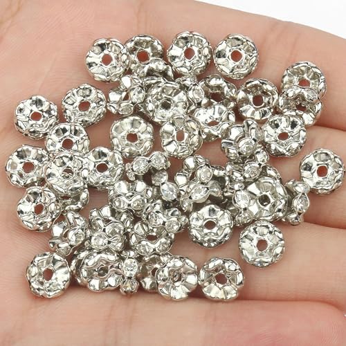 50 Stück Strass-Abstandshalterperlen, mehrfarbige Kristall-Metall-Abstandshalter, Rondellperlen zur Schmuckherstellung, DIY-Armbänder, Zubehör-Welle-Rhodium-10 mm, 50 Stück von GGYBJ