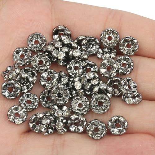 50 Stück Strass-Abstandshalterperlen, mehrfarbige Kristall-Metall-Abstandshalter, Rondellperlen zur Schmuckherstellung, DIY-Armbänder, Zubehör-Welle-Schwarz-4,0 mm, 50 Stück von GGYBJ