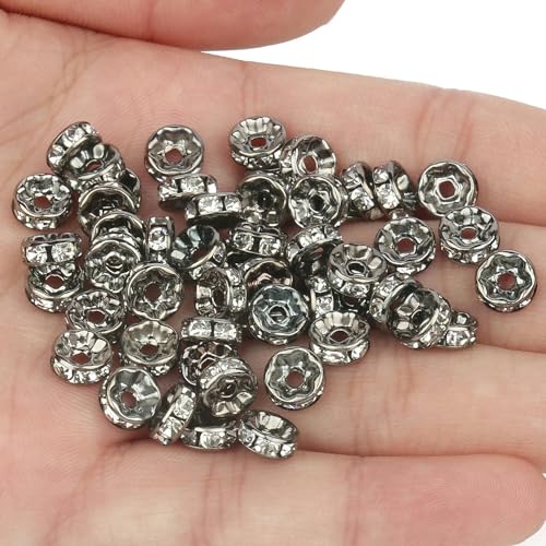 50 Stück Strass-Abstandshalterperlen, mehrfarbige Kristall-Metall-Abstandshalter, Rondellperlen zur Schmuckherstellung, DIY-Armbänder, Zubehör-schwarz-6 mm, 50 Stück von GGYBJ