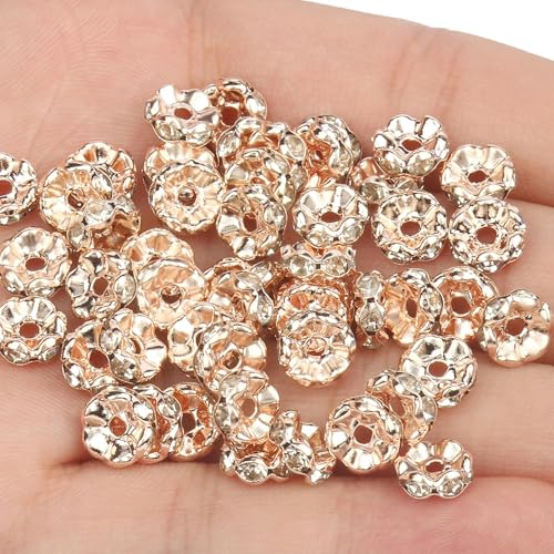 50pcs Strass Spacer Perlen Multi-Farbe Kristall Metall Abstandshalter Rondelle Perlen für Schmuck Machen DIY Armbänder Zubehör-Wellenrose Gold-6mm 50pcs von GGYBJ