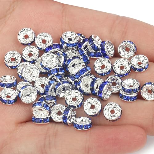 50pcs Strass Spacer Perlen Multi-Farbe Kristall Metall Abstandshalter Rondelle Perlen für Schmuck Machen DIY Armbänder Zubehör-silber-blau-6mm 50pcs von GGYBJ