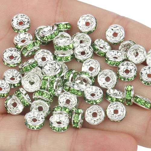 50pcs Strass Spacer Perlen Multi-Farbe Kristall Metall Abstandshalter Rondelle Perlen für Schmuck Machen DIY Armbänder Zubehör-silber-grün-8mm 50pcs von GGYBJ