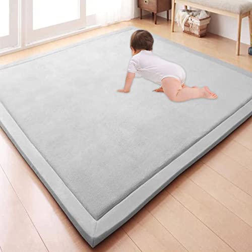 GGoty Großer Teppich, Korallen-Samt, Baby-Spielmatte, dick für Kinderzimmer, Arbeitszimmer, Küche, Kinderzimmer, Krabbelmatte für Babys, rutschfeste Yogamatte (100 x 120 x 2 cm, grau) von GGoty