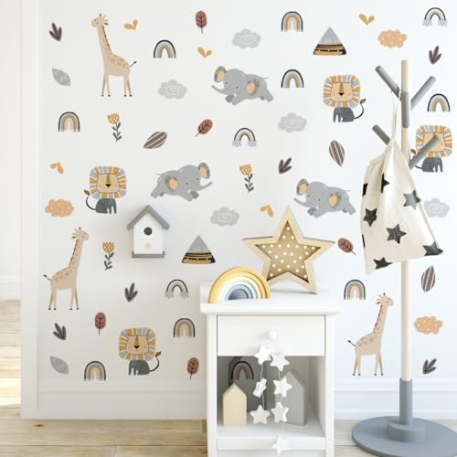 GHELKUC Wandaufkleber Kinderzimmer,Safari Wandsticker,Tiere Löwe Elefant Giraffe Selbstklebend Wandtattoo Wanddeko für Schlafzimmer Wohnzimmer Kindergarten von GHELKUC