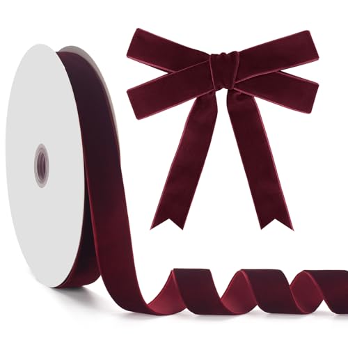 GHGMAO Burgunderrotes Samtband, einseitig, 2,5 cm x 22,7 m, Burgunderrotes Band für Geschenkverpackungen, Weihnachtsbaumschmuck, Heimdekoration, Schleifenherstellung von GHGMAO