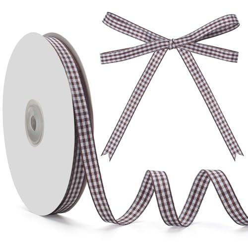 GHGMAO Gingham-Band, Kaffee- und Weiß-kariertes Band, 0,95 cm x 45,7 m, Kaffee-Büffelkariertes Band für Geschenkverpackungen, Haarschleifen, Picknick, Handwerk, DIY-Zubehör von GHGMAO