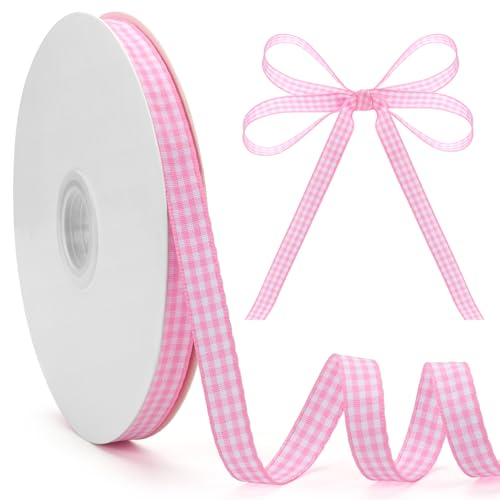 GHGMAO Gingham-Band, rosa und weiß, kariert, 0,95 cm x 45,7 m pro Rolle, 100 % Polyester, rosa Büffelkariertes Band für Geschenkverpackungen, Haarschleifen, Picknick, Handwerk, DIY-Zubehör von GHGMAO