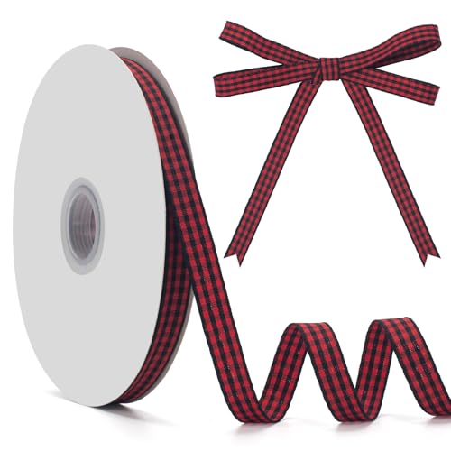 GHGMAO Gingham-Band, schwarz-rot kariertes Band, 0,95 cm x 45,7 m, schwarz-rotes Büffel-Karo-Band für Geschenkverpackungen, Haarschleifen, Picknick, Handwerk, DIY-Zubehör von GHGMAO