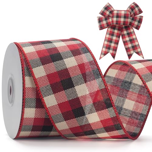 GHGMAO Rot-schwarz-weißes Gingham-Band, 6,4 cm x 9,1 m, kariertes Weihnachtsband für Geschenkverpackungen, Basteln, Schleifenherstellung, Kranz, Weihnachtsbaumschmuck, Outdoor-Dekoration von GHGMAO