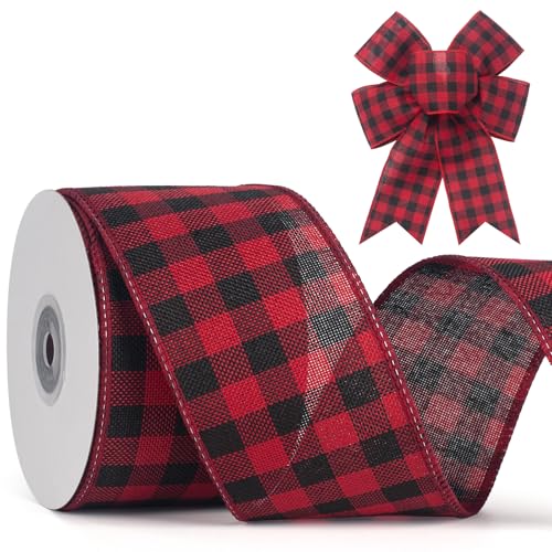 GHGMAO Rotes und schwarzes verdrahtetes Gingham-Band, 6,4 cm x 9,1 m, kariertes Weihnachtsband für Geschenkverpackungen, Basteln, Schleifenherstellung, Kranz, Weihnachtsbaumschmuck, Outdoor-Dekoration von GHGMAO