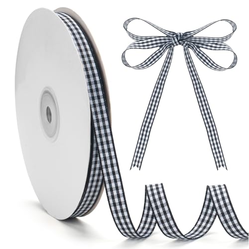 Gingham-Band, schwarz-weiß kariertes Band, 0,95 cm x 45,7 m pro Rolle, 100 % Polyester, schwarzes Büffelkariertes Band für Geschenkverpackungen, Haarschleifen, Picknick, Handwerk, DIY-Zubehör von GHGMAO