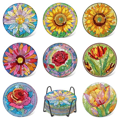 8 Stück Diamond Painting Untersetzer Mit Halter, Blumen Diamond Painting Erwachsene, Diamant Tassenuntersetzer Diamond Painting Zubehör, DIY Untersetzer rutschfest für Anfänger, Erwachsene von GHHKUD