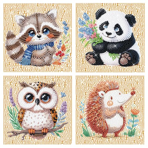 GHHKUD 4er Set 5D Diamond Painting Kinder Full Diamant Painting Bilder Kinder, DIY Tiere Diamant Art Mosaikherstellung Basteln Mädchen Junge 6 7 8 9 10 11 12 Jahre, Geschenk Kinder Ab 6 Jahre 15x15cm von GHHKUD