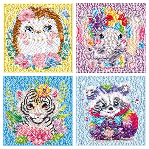 GHHKUD 4er Set 5D Diamond Painting Kinder Full Diamant Painting Bilder Kinder Tiere, DIY Diamant Art Mosaikherstellung Basteln Mädchen Junge 6 7 8 9 10 11 12 Jahre, Geschenk Kinder Ab 6 Jahre 15x15cm von GHHKUD