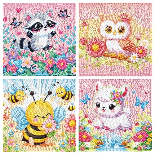 GHHKUD 4er Set 5D Tiere Diamond Painting Kinder Full Diamant Painting Bilder Kinder, DIY Diamant Art Mosaikherstellung Basteln Mädchen Junge 6 7 8 9 10 11 12 Jahre, Geschenk Kinder Ab 6 Jahre 15x15cm von GHHKUD