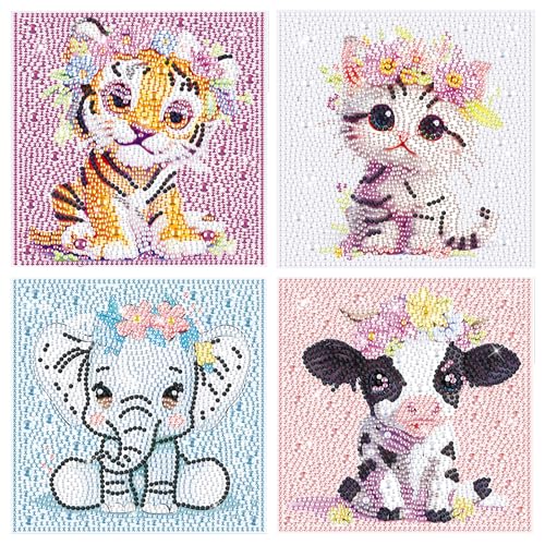 GHHKUD 4er Set Diamond Painting Kinder Full 5D Tiere Diamant Painting Bilder Kinder, DIY Diamant Art Mosaikherstellung Basteln Mädchen Junge 6 7 8 9 10 11 12 Jahre, Geschenk Kinder Ab 6 Jahre 15x15cm von GHHKUD