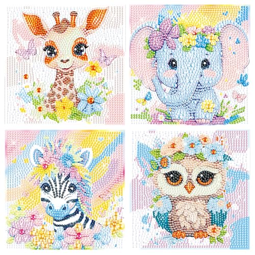 GHHKUD 4er Set Diamond Painting Kinder Tiere Full 5D Diamant Painting Bilder Kinder, DIY Diamant Art Mosaikherstellung Basteln Mädchen Junge 6 7 8 9 10 11 12 Jahre, Geschenk Kinder Ab 6 Jahre 15x15cm von GHHKUD