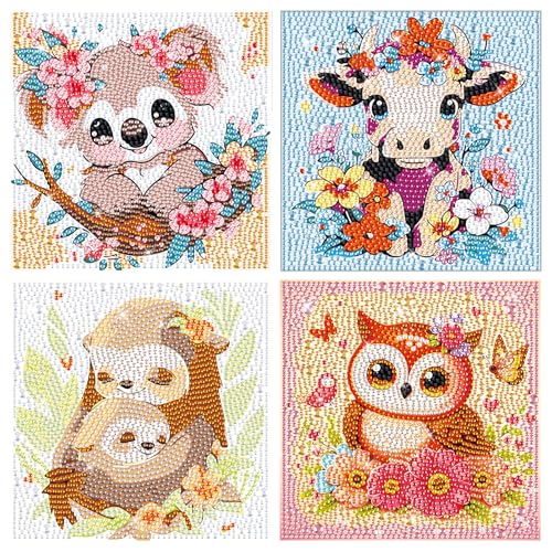 GHHKUD 4er Set Tiere Diamond Painting Kinder Full 5D Diamant Painting Bilder Kinder, DIY Diamant Art Mosaikherstellung Basteln Mädchen Junge 6 7 8 9 10 11 12 Jahre, Geschenk Kinder Ab 6 Jahre 15x15cm von GHHKUD