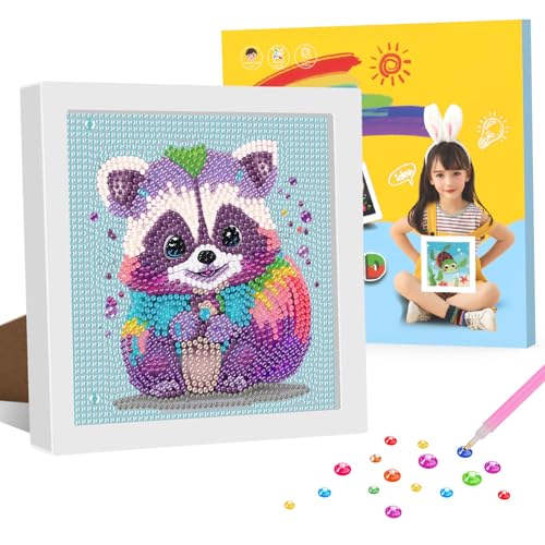 GHHKUD Diamond Painting Kinder mit Rahmen, 5D DIY Cartoon Waschbär Diamant Malerei Set, Diamant Painting Bilder Kinder mit Geschenkbox, Diamanten Painting Art Craft für Kinder von 8-12 Jahren-18x18cm von GHHKUD