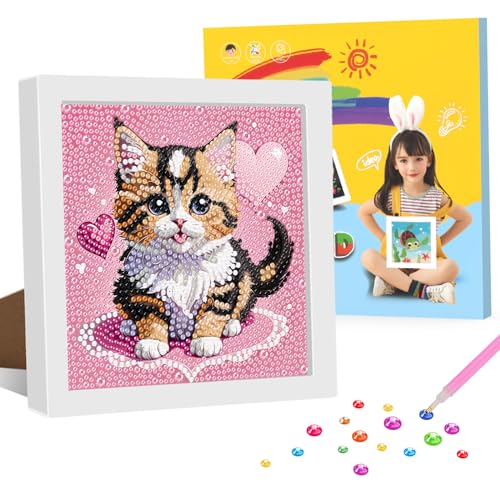 GHHKUD Diamond Painting Kinder mit Rahmen, Diamant Malerei Set Katze, Diamant Painting Bilder Kinder mit Geschenkbox, Diamanten Painting für Kinder von 8-12 Jahren, Art Craft für Home Decor-18x18cm von GHHKUD