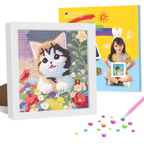 GHHKUD Diamond Painting Kinder mit Rahmen, Katze Diamant Malerei Set, Diamant Painting Bilder Kinder mit Geschenkbox, Diamanten Painting für Kinder von 8-12 Jahren, Art Craft für Home Decor(18x18cm) von GHHKUD