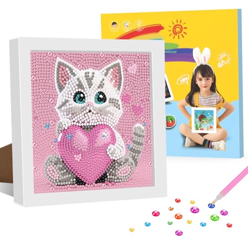 GHHKUD Diamond Painting Kinder mit Rahmen, Katze Diamant Malerei Set, Diamant Painting Bilder Kinder mit Geschenkbox, Diamanten Painting für Kinder von 8-12 Jahren, Art Craft für Home Decor-18x18cm von GHHKUD