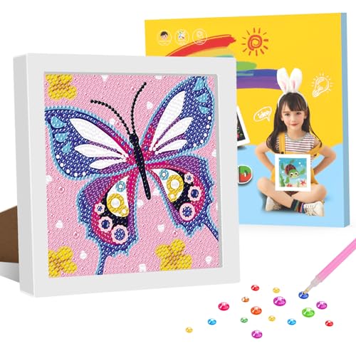 GHHKUD Diamond Painting Kinder mit Rahmen, Schmetterlings Diamant Malerei Set, Diamant Painting Bilder Kinder mit Geschenkbox, Diamanten Painting Arts Craft für Kinder von 8-12 Jahren(18x18cm) von GHHKUD