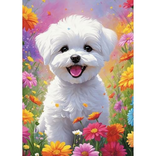 GHHKUD Hund und Blume Diamond Painting für Erwachsene, 5D DIY Diamant Painting Bilder für Erwachsene Anfänger, Diamond Art Painting Set, Full Drill Diamant Malerei für Haus Dekoration 30x40 cm von GHHKUD