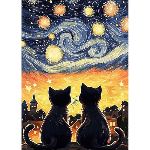 GHHKUD Katze Sternennacht Diamond Painting für Erwachsene, 5D DIY Diamant Painting Bilder für Erwachsene Anfänger, Diamond Art Painting Set, Full Drill Diamant Malerei für Haus Dekoration 30x40 cm von GHHKUD