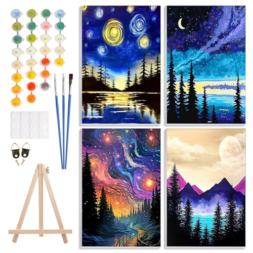 GHHKUD Malen Nach Zahlen Erwachsene, 4 Stück Malen Nach Zahlen Landschafts Mond Sternenhimmel DIY Handgemalt Ölgemälde Kit für Anfänger Mit Holzstaffelei und Acrylfarbe Malen nach Zahlen-30X40cm von GHHKUD