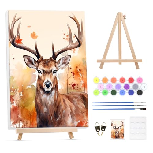 GHHKUD Malen Nach Zahlen Erwachsene, DIY Handgemalt Ölgemälde Kit für Anfänger und Erwachsene Mit Rahmen & Holzstaffelei und Acrylfarbe Hirsch Tiere Malen nach Zahlen Als Geschenk-30X40cm von GHHKUD