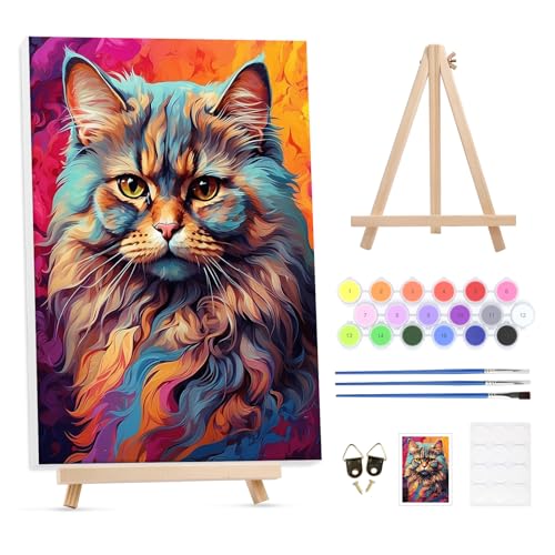 GHHKUD Malen Nach Zahlen Erwachsene, DIY Handgemalt Ölgemälde Kit für Anfänger und Erwachsene Mit Rahmen & Holzstaffelei und Acrylfarbe Katze Tiere Malen nach Zahlen Als Geschenk-30X40cm von GHHKUD