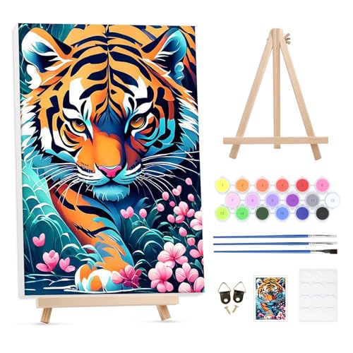 GHHKUD Malen Nach Zahlen Erwachsene, DIY Handgemalt Ölgemälde Kit für Anfänger und Erwachsene Mit Rahmen & Holzstaffelei und Acrylfarbe Tiger Tiere Malen nach Zahlen Als Geschenk-30X40cm von GHHKUD