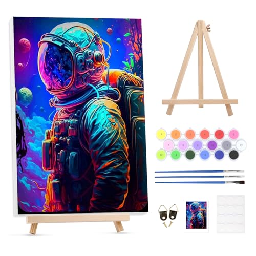 GHHKUD Malen Nach Zahlen Erwachsene Astronaut, DIY Handgemalt Ölgemälde Kit für Anfänger und Erwachsene Mit Holzrahmen Knitterfreie Leinwand&Holzstaffelei und Acrylfarbe Malen nach Zahlen-30 X 40cm von GHHKUD