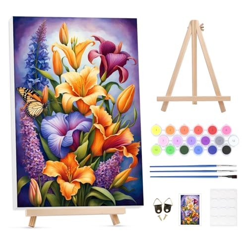 GHHKUD Malen Nach Zahlen Erwachsene Blumen, DIY Handgemalt Ölgemälde Kit für Anfänger und Erwachsene Mit Rahmen & Holzstaffelei und Acrylfarbe Malen nach Zahlen Als Geschenk-20X30cm von GHHKUD