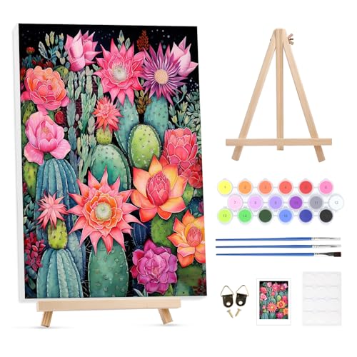 GHHKUD Malen Nach Zahlen Erwachsene Kaktus Blumen, DIY Handgemalt Ölgemälde Kit für Anfänger und Erwachsene Mit Holzrahmen&Holzstaffelei und Acrylfarbe Malen nach Zahlen Als Geschenk-30X40cm von GHHKUD