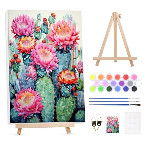 GHHKUD Malen Nach Zahlen Erwachsene Kaktus Blumen, DIY Handgemalt Ölgemälde Kit für Anfänger und Erwachsene Mit Rahmen & Holzstaffelei und Acrylfarbe Flower Malen nach Zahlen Als Geschenk-30X40cm von GHHKUD