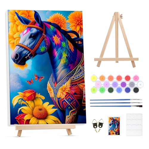 GHHKUD Malen Nach Zahlen Erwachsene Pferde Tiere Blumen, DIY Handgemalt Ölgemälde Kit für Anfänger und Erwachsene Mit Rahmen & Holzstaffelei und Acrylfarbe Malen nach Zahlen Als Geschenk-20X30cm von GHHKUD