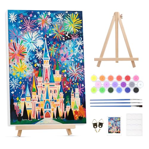 GHHKUD Malen Nach Zahlen Erwachsene Schloss-Feuerwerk, DIY Handgemalt Ölgemälde Kit für Anfänger und Erwachsene Mit Holzrahmen&Holzstaffelei und Knitterfreie Leinwand Acrylfarbe Malen nach Zahlen von GHHKUD