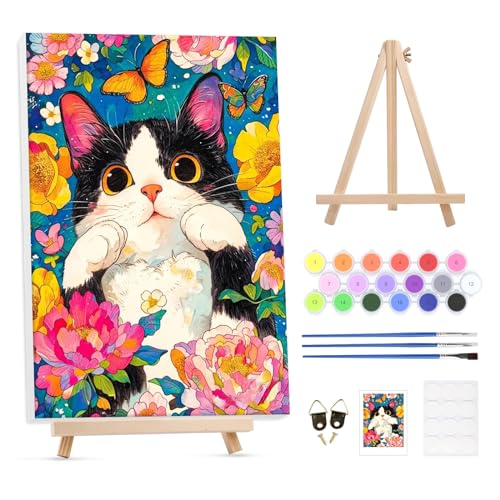 GHHKUD Malen Nach Zahlen Erwachsene Tiere Katze, DIY Handgemalt Ölgemälde Kit für Anfänger und Erwachsene Mit Holzrahmen Knitterfreie Leinwand&Holzstaffelei und Acrylfarbe Malen nach Zahlen-30 X 40cm von GHHKUD