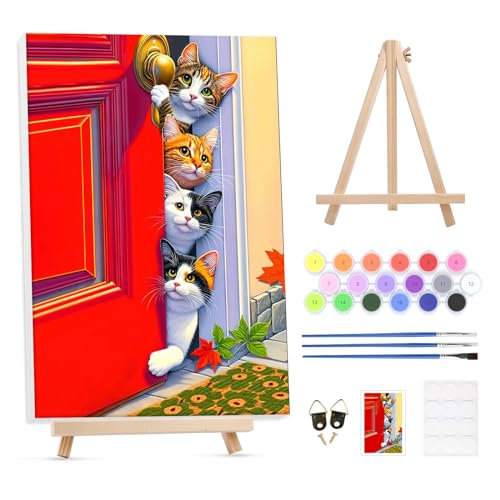 GHHKUD Malen Nach Zahlen Erwachsene für Kinder Katze, DIY Handgemalt Ölgemälde Kit für Anfänger und Erwachsene Mit Rahmen&Holzstaffelei und Acrylfarbe Malen nach Zahlen Mädchen Als Geschenk 20X30cm von GHHKUD