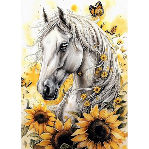 GHHKUD Pferd Sonnenblumen Diamond Painting für Erwachsene, 5D DIY Diamant Painting Bilder für Erwachsene Anfänger, Diamond Art Painting Set, Full Drill Diamant Malerei für Haus Dekoration 30x40 cm von GHHKUD