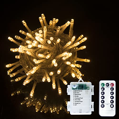 LED Batterie Lichterkette auf Durchsichtigem Kabel, Fernbedienung Batteriebetriebene Beleuchtung, für Weihnachten Baum Garten Hochzeit Feiertag Party (Warmweiß, 100LED) von GHJ